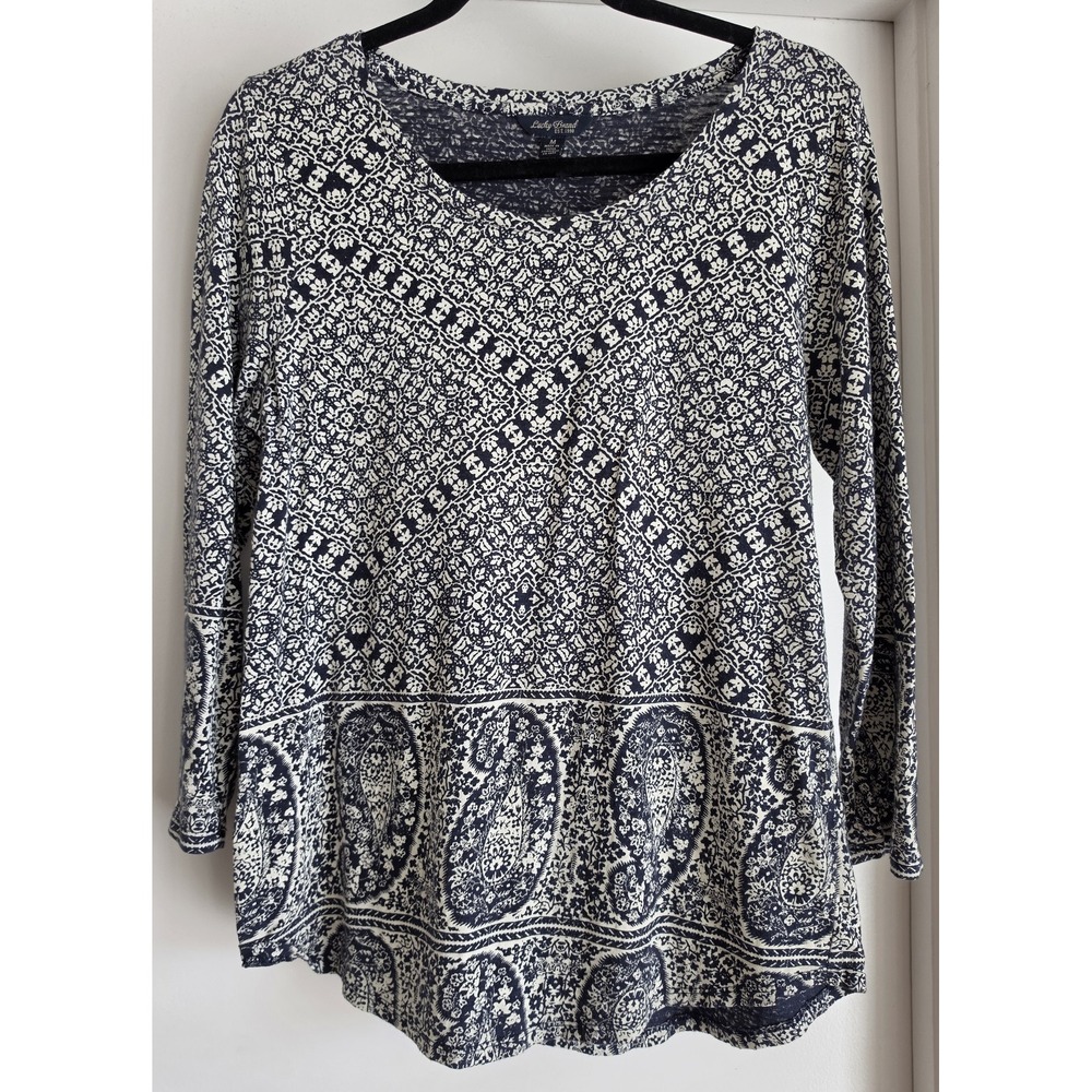 Lucky Brand Women Paisley Blouse M Blue White Long Sleeve Boho Top Shirt
